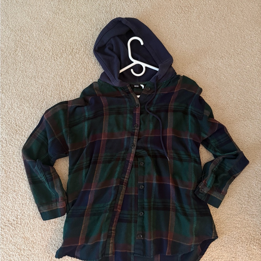 BDG Green and Blue Plaid Hooded Shirt